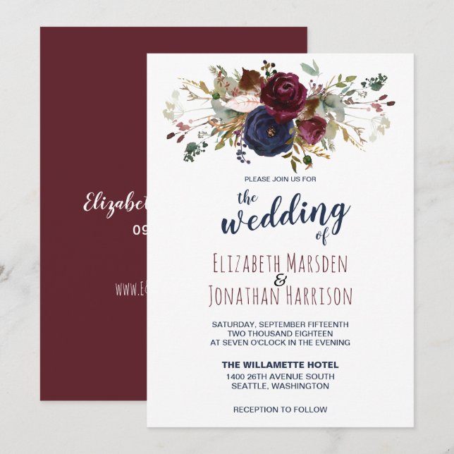 Convites Boho Burgundy e Marinho Blue Floral Casamento (Frente/Verso)