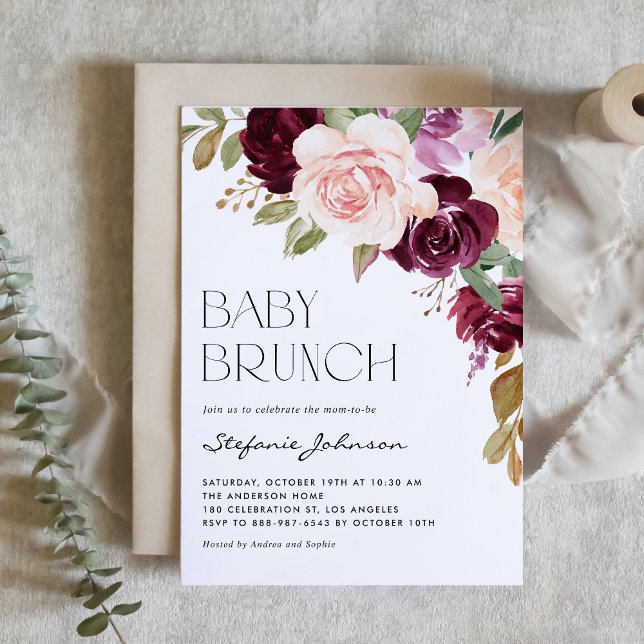 Convites Boho Burgundy e Pessegueiros caem Baby Brunch (Criador carregado)