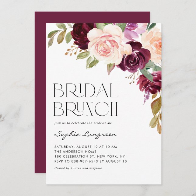 Convites Boho Burgundy e Pessegueiros caem Bridal Brunch (Frente/Verso)