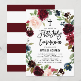 Convites Boho Burgundy Fall Floral Wreath Primeira Comunhão