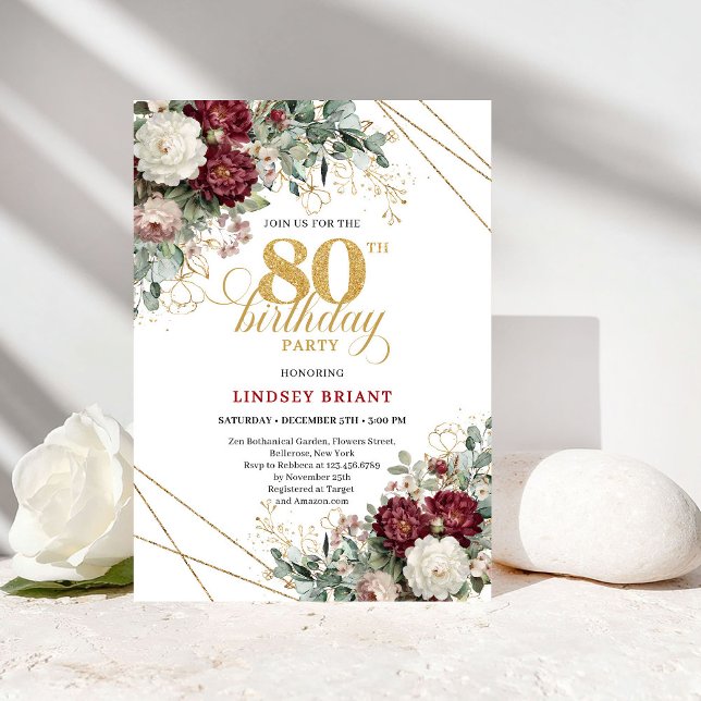Convites Boho Burgundy Floral 80th Birthday Invitation (Boho Burgundy Floral 80th Birthday)