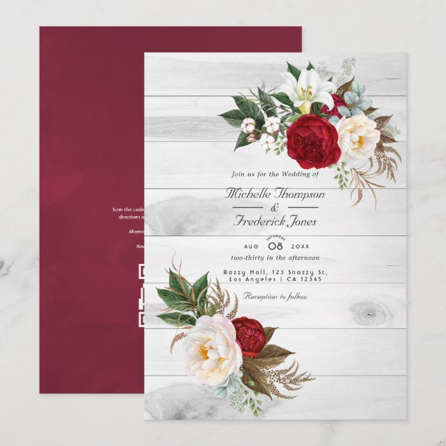 Convites Boho Burgundy Floral Código QR RSVP Casamento Bohe (Frente/Verso)