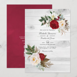 Convites Boho Burgundy Floral Código QR RSVP Casamento Bohe