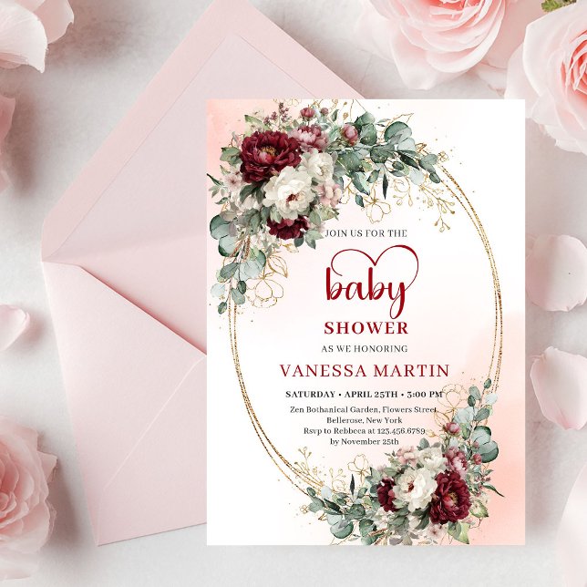 Convites Boho Burgundy Floral Gold Baby Shower Invitation (Boho Burgundy Floral Baby Shower Invitation with Greenery)