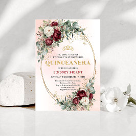 Convites Boho Burgundy Floral Gold Quinceañera Invitation