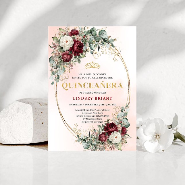 Convites Boho Burgundy Floral Gold Quinceañera Invitation (Boho Burgundy Floral Gold Quinceañera Invitation)