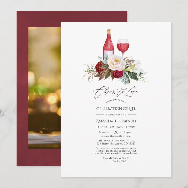 Convites Boho Burgundy Floral Vinho Celebração da Vida (Frente/Verso)