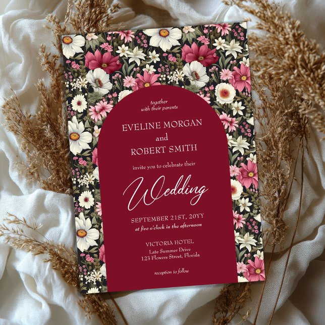 Convites Boho burgundy flores silvestres, rosa e brancas (retro flat burgundy pink and white wild flowers cotagecore wedding invitation)