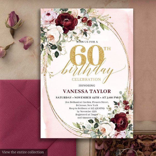 Convites Boho Burgundy Gold Oval Floral 60th Birthday Card (Boho Burgundy Gold Oval Floral 60th Birthday)