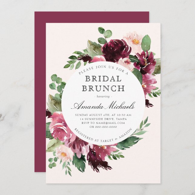 Convites Boho Burgundy Greenery Floral Bridal BrunChá (Frente/Verso)