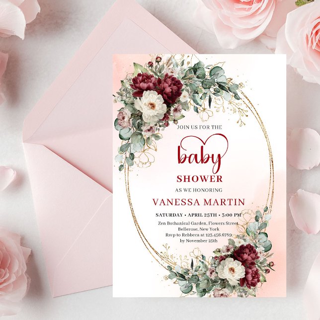 Convites Boho Burgundy Greenery Gold Baby Shower Invite (Boho Burgundy Greenery Gold Baby Shower Invite)