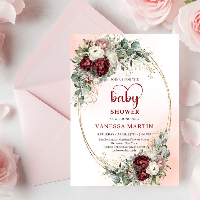 Convites Boho Burgundy Greenery Heart-Shaped Font Baby Show (Boho Burgundy Greenery Heart-Shaped Font Baby Shower Invite)