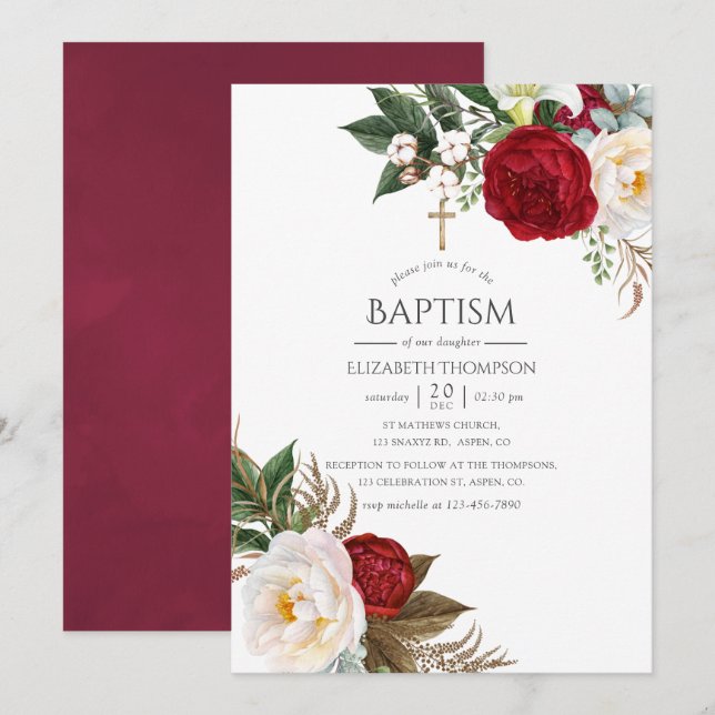 Convites Boho Burgundy - Marsala Floral Baptism (Frente/Verso)