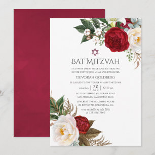 Convites Boho Burgundy - Marsala Floral Bat Mitzvah