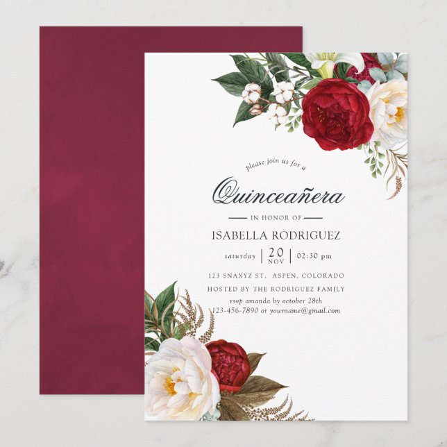 Convites Boho Burgundy - Marsala Floral Quinze Anos (Frente/Verso)