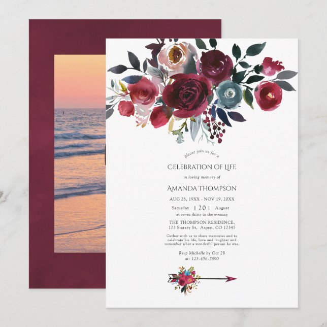 Convites Boho Burgundy & Navy Celebração da Vida Floral (Frente/Verso)