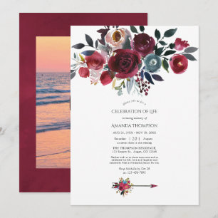 Convites Boho Burgundy & Navy Celebração da Vida Floral