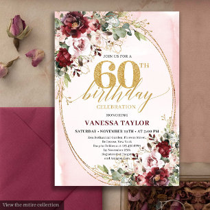 Convites Boho Burgundy Quadro Floral Aniversário de 60 anos