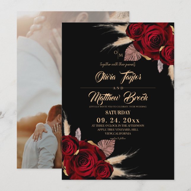 Convites  Boho Burgundy Roses Floral Wedding (Frente/Verso)