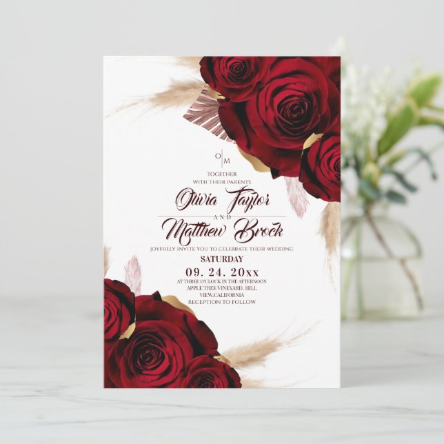 Convites  Boho Burgundy Roses Pampas Grass Wedding (Em pé/Frente)