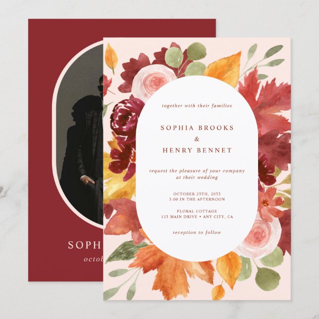 Convites Boho Burgundy Rustic Foto Floral Casamento (Frente/Verso)
