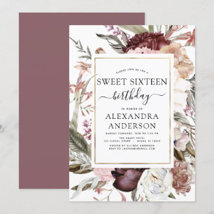 Convites Boho Burgundy Sweet 16 Birthday Floral