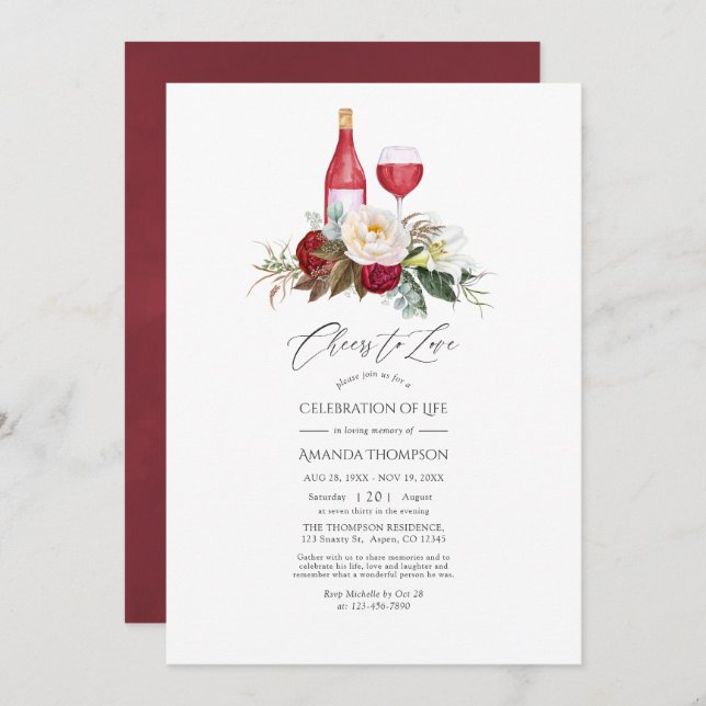 Convites Boho Burgundy Vinho Floral Celebração da Vida (Frente/Verso)