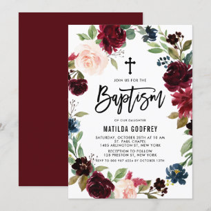 Convites Boho Burgundy Watercolor, Batismo Floral