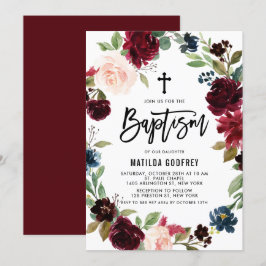 Convites Boho Burgundy Watercolor Floral Wreath Baptism