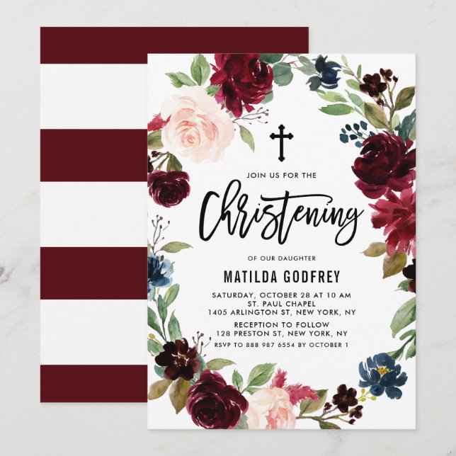 Convites Boho Burgundy Watercolor Floral Wreath Christening (Frente/Verso)