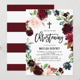 Convites Boho Burgundy Watercolor Floral Wreath Christening