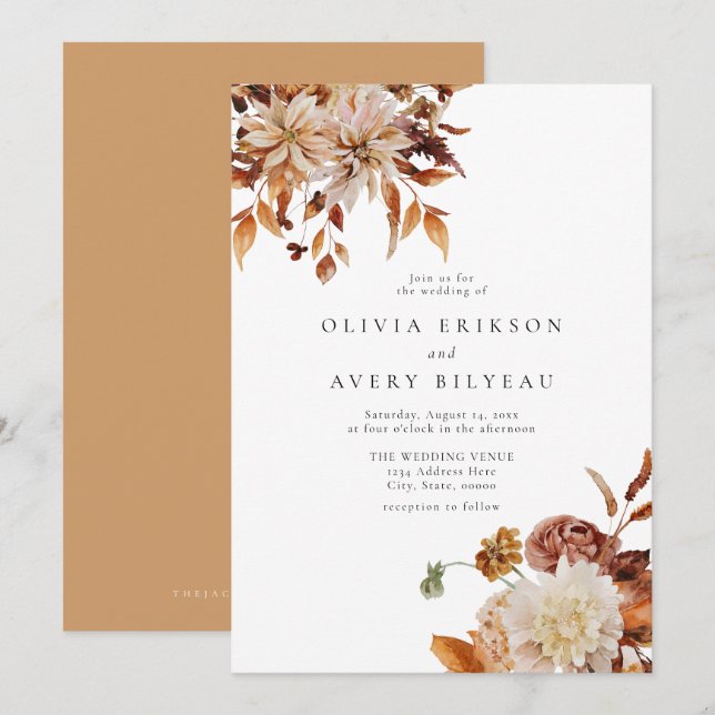 Convites Boho Burnt Orange Autumn Fall Floral Wedding Invit (Frente/Verso)