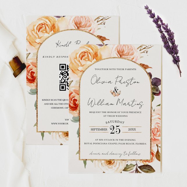 Convites Boho Burnt Orange Floral Arch QR Code RSVP Casamen (Criador carregado)