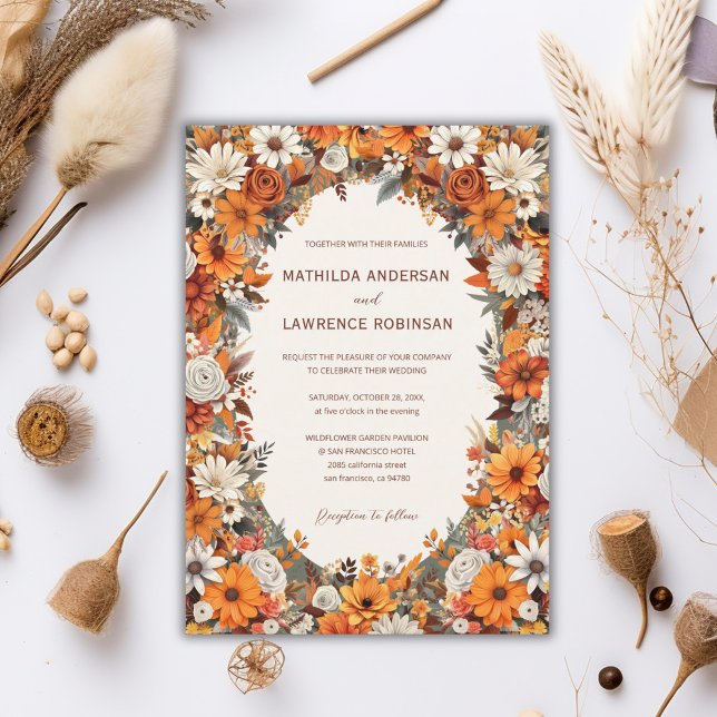 Convites Boho Burnt Orange Sage Floral Casamento outono (Boho Chic Burnt Orange Terracota Sage Foliage Floral Photo Fall Wedding Invitation)
