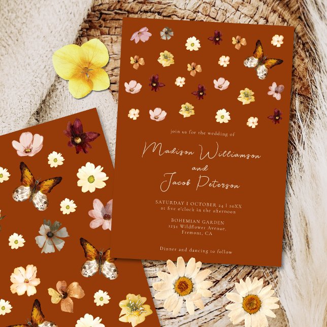 Convites Boho Burnt Orange Wildflower Invitation (Criador carregado)