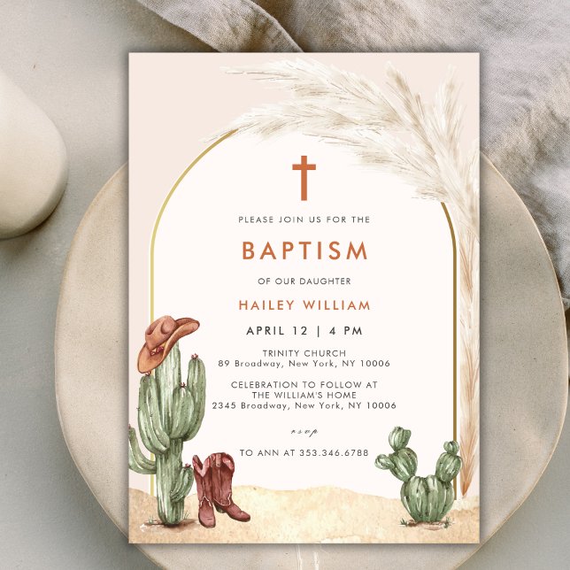 Convites Boho Cactus Arch Desert Cowboy Cross Baptism (Boho Cactus Arch Desert Cowboy Cross Baptism Invitation)