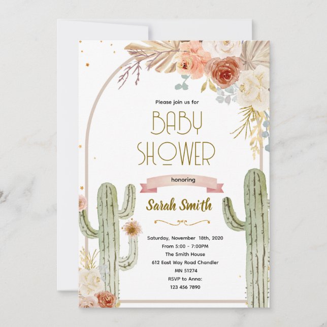 Convites Boho cactus baby shower Invitation (Frente)