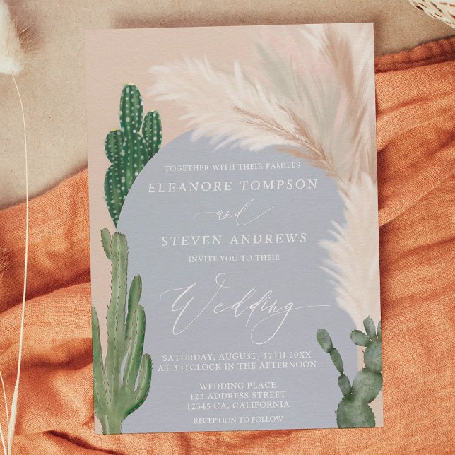 Convites Boho cactus pampas arca azul-terra casamento (Boho cactus pampas arch blue earth tone wedding invitation)