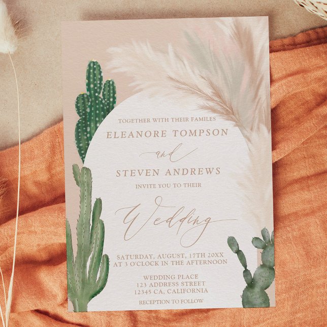 Convites Boho cactus pampas arch beige Earth casamento (Boho cactus pampas arch beige earth tone wedding invitation)