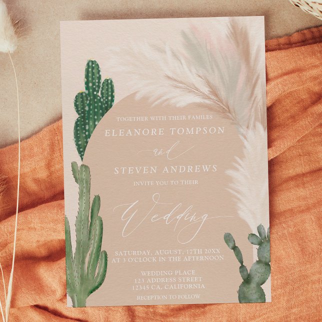 Convites Boho cactus pampas arch beige Earth casamento (Boho cactus pampas arch beige earth tone wedding invitation)