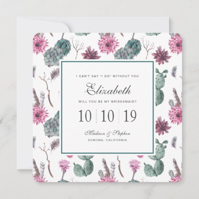 Convites Boho Cactus, Succulent & Floral - Bridesmaid (Frente)