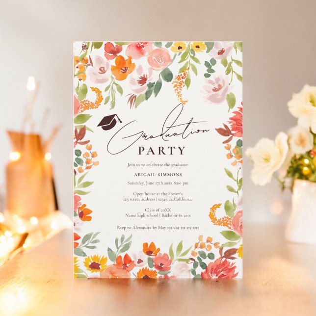 Convites Boho caia rústica mão pintada graduação floral (Boho fall rustic hand painted floral graduation invitation)