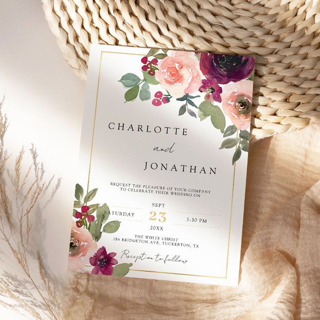 Convites Boho Casado de Boho, Greenery Floral Russo Burgund (Criador carregado)