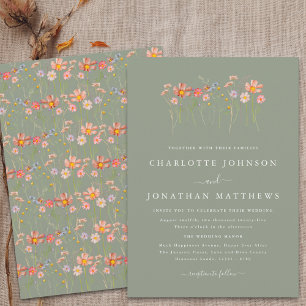 Convites Boho Casamento de Flores Silvestres em Verde Salvi