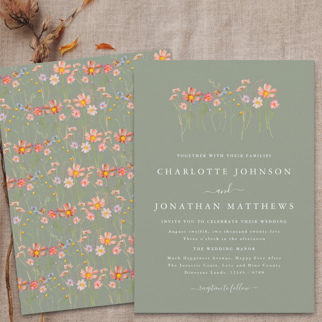 Convites Boho Casamento de Flores Silvestres em Verde Salvi (Wildflower boho fall floral sage green Wedding invitation Watercolor meadow flowers elegant modern)