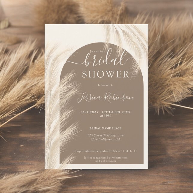 Convites Boho castanho pampas chá de panela aquarela (Boho brown pampas grass watercolor bridal shower invitation)