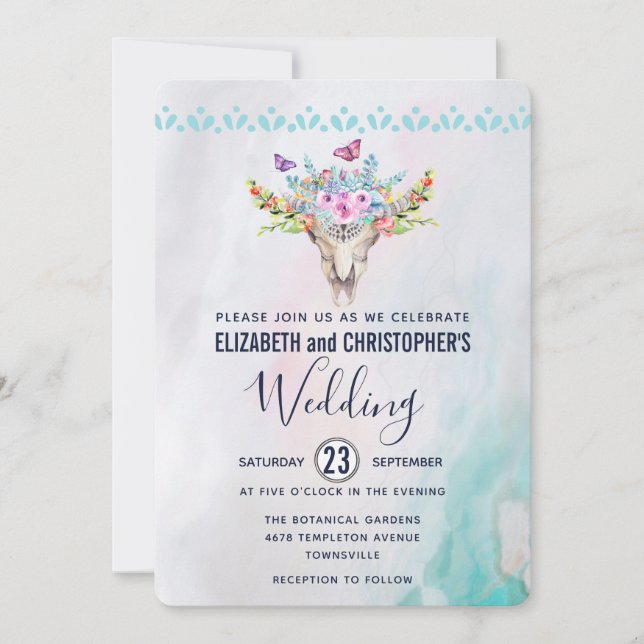 Convites Boho Caveira com um Casamento de Buquê Floral (Frente)