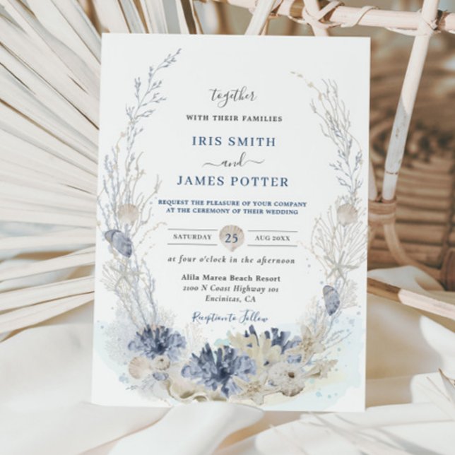 Convites Boho Chic Beach Destino Hampton Wedding (beach-destination-wedding-invitation-cards-soft-pastel-blue-corals-reef-shells-elegant-boho-chic)
