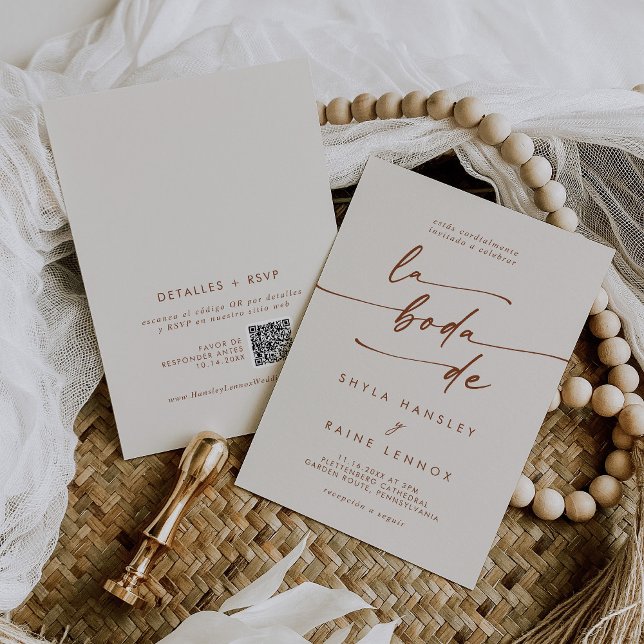 Convites Boho Chic Bohemian Cream QR Code Casamento Espanho (Criador carregado)