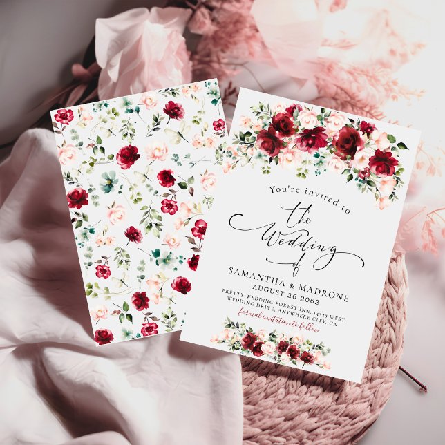 Convites Boho Chic Burgundy Blush Roses Greenery Wedding (Criador carregado)